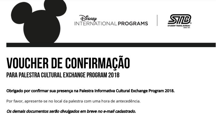 Voucher de confirmação de inscrição na palestra do Disney Program