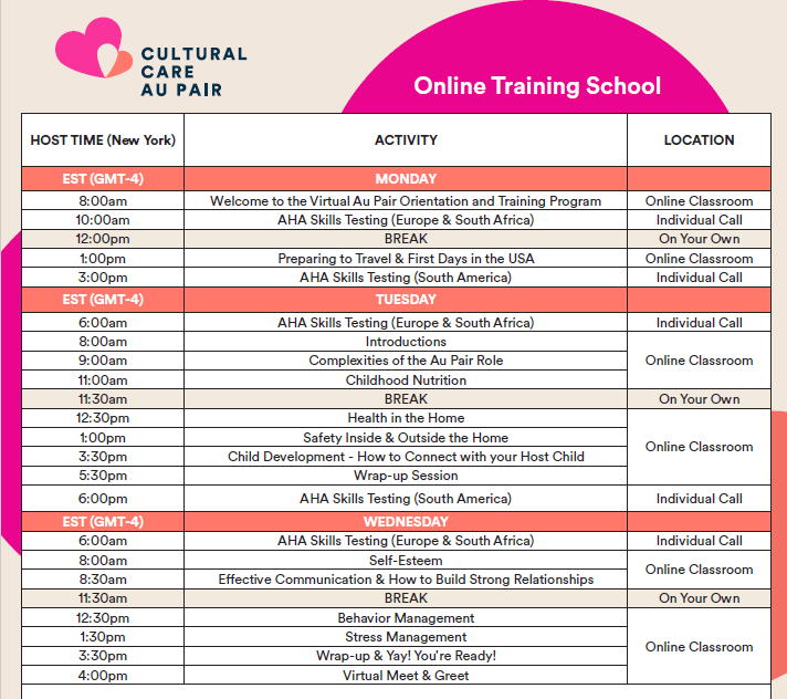 Schedule Training School - Cultural Care